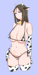 Rule 34 | 1girl, absurdres, animal ears, animal print, bell, bikini, blue background, blue eyes, breasts, brown hair, cameltoe, cow ears, cow horns, cow print, cow print bikini, cowbell, elbow gloves, fake animal ears, fake horns, girls und panzer, gloves, highres, horns, kuppipi ramutarou, large areolae, large breasts, long hair, micro bikini, navel, neck bell, nonna (girls und panzer), print bikini, side-tie bikini bottom, simple background, solo, swimsuit, thighhighs