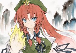 Rule 34 | 1girl, blue eyes, braid, breasts, chinese clothes, closed mouth, collared shirt, dress, green dress, green headwear, hat, hat ornament, highres, hong meiling, long hair, looking at viewer, medium breasts, puffy short sleeves, puffy sleeves, qqqrinkappp, red hair, shirt, short sleeves, smile, star (symbol), star hat ornament, touhou, twin braids, upper body, white shirt