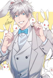 Rule 34 | 1boy, animal, animal ears, blouse, blue bow, blue bowtie, blue eyes, bow, bowtie, buttons, colored eyelashes, formal, gojou satoru, grin, guuchun, hair between eyes, highres, index finger raised, jacket, jujutsu kaisen, long sleeves, looking at viewer, male focus, rabbit, rabbit ears, rabbit tail, shirt, short hair, smile, solo, suit, tail, teeth, too many, too many rabbits, upper body, vest, white hair, white jacket, white shirt, white suit, white vest