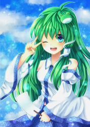 Rule 34 | 1girl, blue eyes, blush, cloud, day, detached sleeves, female focus, frog, frog hair ornament, green hair, hair ornament, hair tubes, highres, kochiya sanae, long hair, one eye closed, open mouth, sky, snake, snake hair ornament, solo, tomex139, touhou, very long hair, wide sleeves, wink