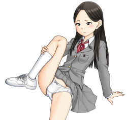 Rule 34 | 1girl, arm support, black eyes, black hair, blazer, blush, bow, bow panties, closed mouth, clothes lift, commentary, cross-laced footwear, crotch seam, dress shirt, grey jacket, grey skirt, jacket, knee up, leaning back, light frown, long hair, long sleeves, looking to the side, maburu (lojyq1eur3e8bit), miniskirt, neck ribbon, original, panties, pleated skirt, red ribbon, ribbon, school uniform, shirt, simple background, sitting, skirt, skirt lift, socks, solo, straight hair, swept bangs, underwear, white panties, white shirt, white sneakers, white socks, wing collar
