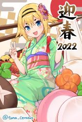 Rule 34 | 1girl, 2022, :d, blonde hair, blue eyes, blush, breasts, checkered background, commentary request, egasumi, floral print, food, furisode, green kimono, hair between eyes, highres, japanese clothes, kimono, looking at viewer, nengajou, new year, obi, open mouth, original, print kimono, sash, short eyebrows, short sleeves, small breasts, smile, solo, thick eyebrows, tsunaso (lack of sunlight), twitter username, white background, wide sleeves, zouni soup