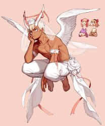 Rule 34 | 1boy, barefoot, bridal veil, chibi, chibi inset, commentary request, costume request, dark-skinned male, dark skin, elbow rest, feathered wings, flower, flying, full body, highres, horns, male focus, original, pants, pink background, rinotuna, short hair, simple background, solo, tagme, toned, toned male, topless male, veil, white flower, white pants, white wings, wings
