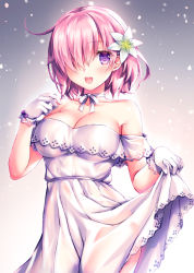 Rule 34 | 1girl, bare shoulders, breasts, cleavage, dress, fate/grand order, fate (series), flower, fukase ayaka, gloves, hair flower, hair ornament, hair over one eye, holding, holding clothes, holding dress, large breasts, lifted by self, looking at viewer, mash kyrielight, mash kyrielight (formal dress), official alternate costume, petals, pink hair, purple eyes, short hair, simple background, smile, solo, white dress, white gloves