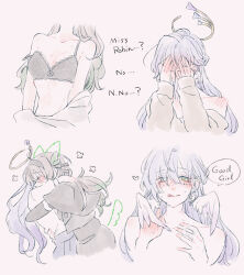 Rule 34 | 2girls, black bra, black capelet, blush, bra, capelet, commentary, covering face, earrings, english text, firefly (honkai: star rail), gradient hair, green eyes, green hair, grey hair, halo, hand blush, hand on another&#039;s waist, head wings, honkai: star rail, honkai (series), hug, jewelry, licking lips, long hair, multicolored hair, multiple girls, nude, purple hair, pussy juice, robin (honkai: star rail), speech bubble, strap slip, sweat, tongue, tongue out, underwear, undressing, wings, xxxxxio55, yuri