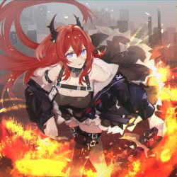 Rule 34 | arknights, bare shoulders, demon girl, demon horns, dress, fire, highres, holding, holding weapon, horns, infection monitor (arknights), kneehighs, looking at viewer, purple eyes, red hair, socks, solo, surtr (arknights), thigh strap, weapon, yukinohito (koutyanomitai)