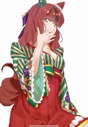 Rule 34 | 1girl, animal ears, artist name, black eyes, blush, bow, brown hair, closed mouth, commentary, ear covers, floral print, green kimono, hair bow, hair down, highres, holding, horse ears, horse girl, horse tail, japanese clothes, kimono, long hair, long sleeves, looking at viewer, medium hair, multicolored hair, nice nature (converging wishes) (umamusume), nice nature (negaino kasane) (umamusume), nice nature (umamusume), official alternate costume, official alternate hairstyle, print kimono, purple bow, smile, streaked hair, striped clothes, striped kimono, tail, two-tone hair, uki kumo, umamusume, vertical-striped clothes, vertical-striped kimono, watermark, wide sleeves
