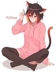 Rule 34 | 1girl, absurdres, ahoge, animal ears, black sclera, brown hair, brown thighhighs, cat ears, closed mouth, colored sclera, highres, holding, holding pen, hood, hoodie, mismatched sclera, multicolored hair, multicolored tail, nz nezz, orange hair, original, pen, pink hoodie, red eyes, red hair, short hair, solo, tail, thighhighs, white background