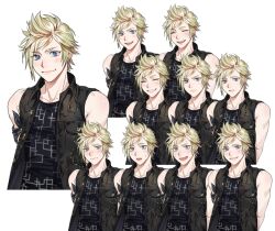 Rule 34 | 1boy, arm ribbon, arms behind back, bare shoulders, black ribbon, black shirt, black vest, blonde hair, blue eyes, blush, closed eyes, expressions, final fantasy, final fantasy xv, freckles, frown, looking at viewer, male focus, multiple views, nishita, parted lips, portrait, print shirt, prompto argentum, ribbon, shirt, short hair, sleeveless, sleeveless shirt, smile, solo, sweat, swept bangs, upper body, vest, white background