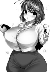 Rule 34 | 1girl, antenna hair, antennae, blush, bra, breasts, collarbone, collared shirt, flying sweatdrops, greyscale, haseru (ginku mh), highres, huge breasts, long sleeves, looking at viewer, monochrome, open mouth, see-through, see-through shirt, shirt, short hair, simple background, skirt, solo, touhou, underwear, wriggle nightbug