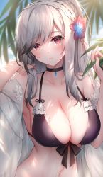 Rule 34 | 1girl, azur lane, bikini, black choker, blue butterfly, blue gemstone, blurry, blurry background, braid, breasts, bug, butterfly, butterfly hair ornament, choker, cleavage, commentary request, crown braid, dunkerque (azur lane), dunkerque (summer sucre) (azur lane), frilled bikini, frills, front-tie top, gem, grey hair, hair ornament, halterneck, hand in own hair, headdress, highres, holding, holding hair, insect, large breasts, looking at viewer, official alternate costume, oyuwari, purple bikini, red eyes, see-through, solo, swimsuit, swimsuit cover-up