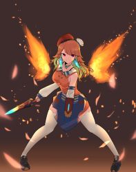 Rule 34 | 1girl, absurdres, breasts, chef hat, detached sleeves, energy wings, fighting stance, gradient hair, green hair, hat, highres, holding, holding shield, holding sword, holding weapon, hololive, hololive english, long hair, looking to the side, lyrinne, medium breasts, multicolored hair, orange hair, orange hat, shield, smile, solo, standing, sword, takanashi kiara, takanashi kiara (1st costume), thighhighs, virtual youtuber, weapon