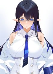 Rule 34 | 1girl, absurdres, bare shoulders, black hair, blue archive, blue eyes, blue necktie, blush, breasts, coat, collared shirt, earrings, glasses, gradient background, hair between eyes, highres, j.moon, jewelry, large breasts, lips, long hair, long sleeves, looking at viewer, necktie, off shoulder, parted lips, pointy ears, rin (blue archive), shirt, simple background, sleeveless, sleeveless shirt, solo, upper body, white background, white coat, white shirt