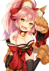 Rule 34 | 1girl, animal ears, animal hands, bekotarou, bell, black thighhighs, breasts, cleavage, collar, fang, fate/grand order, fate (series), fox ears, fox tail, hair ribbon, highres, large breasts, long hair, looking at viewer, neck bell, open mouth, paw shoes, pink hair, ribbon, simple background, solo, tail, tamamo (fate), tamamo cat (fate), tamamo cat (first ascension) (fate), tamamo no mae (fate/extra), thighhighs, white background, yellow eyes