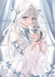 Rule 34 | 1girl, animal, animal ear fluff, animal ears, anoa, blue bow, blue panties, blue ribbon, bow, bow panties, cat, cat ears, commentary request, curtains, dress, grey hair, hair ribbon, highres, holding, holding animal, indoors, juliet sleeves, long hair, long sleeves, looking at viewer, navel, original, panties, puffy sleeves, ribbon, see-through, solo, two side up, underwear, very long hair, white dress, wide sleeves, window