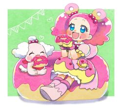 Rule 34 | 1girl, :d, blue eyes, blush, boots, bow, bubble skirt, commentary request, doughnut, dress, eating, food, gloves, hair ornament, hair rings, holding doughnut, hoppetoonaka3, humanization, kirakira precure a la mode, magical girl, open mouth, pekorin (precure), pekorin (precure) (human), pink hair, precure, simple background, skirt, smile, twintails
