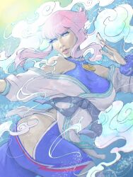 Rule 34 | 1girl, blackapinaa, blue eyes, dougi, floating hair, hime cut, hip vent, manon legrand, martial arts belt, multicolored background, pink hair, street fighter, street fighter 6, wristband