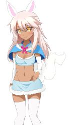 Rule 34 | 1girl, absurdres, animal ears, bad id, bad pixiv id, bandeau, blue capelet, blue skirt, blush, breasts, capelet, chloe von einzbern, closed mouth, cosplay, coyomin, dark-skinned female, dark skin, detached sleeves, fate/grand order, fate/kaleid liner prisma illya, fate (series), fou (fate), fou (fate) (cosplay), fur trim, hair between eyes, highres, long hair, looking at viewer, miniskirt, navel, official alternate costume, pink hair, simple background, skirt, small breasts, smile, solo, tail, thighhighs, thighs, white background, white thighhighs, yellow eyes