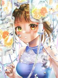 1girl air_bubble brown_hair bubble food fruit heterochromia highres intravenous_drip noa_(id:72490674) orange_(fruit) orange_(tohma)_(vocaloid) orange_theme original summer surreal tube underwater water