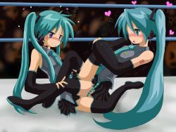 Rule 34 | 2girls, aqua eyes, aqua hair, arched back, blush, boots, clenched teeth, cosplay, crossover, detached sleeves, embarrassed, flat chest, hatsune miku, hatsune miku (cosplay), heart, hiiragi kagami, hirondo, leg lock, long hair, lucky star, md5 mismatch, multiple girls, necktie, purple eyes, resolution mismatch, siblings, sigh, sisters, skirt, source larger, teeth, thigh boots, thighhighs, trembling, tribadism, tsurime, twins, twintails, very long hair, vocaloid, wrestling, yuri