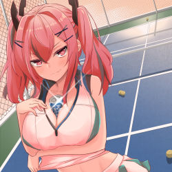 Rule 34 | 1girl, azur lane, ball, between breasts, black hair, blush, breast hold, breasts, bremerton (azur lane), bremerton (scorching-hot training) (azur lane), chain-link fence, cleavage, closed mouth, crop top, drink, dutch angle, eyelashes, fence, glint, hair between eyes, hair ornament, hairclip, hand on own chest, heart, heart-shaped pupils, large breasts, looking at viewer, medium hair, midriff, miniskirt, multicolored hair, otakummm, pocari sweat, red eyes, shirt, skirt, sleeveless, sleeveless shirt, solo, sportswear, streaked hair, sweatdrop, symbol-shaped pupils, tennis ball, tennis court, tennis net, tennis uniform, twintails, two-tone hair, wavy mouth, white shirt, wing collar, x hair ornament