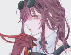 Rule 34 | 2girls, collared shirt, commentary, eyewear on head, gloves, grey background, hand in another&#039;s hair, himeko (honkai: star rail), holding another&#039;s hair, honkai: star rail, honkai (series), kafka (honkai: star rail), multiple girls, parted lips, pink eyes, ponytail, purple gloves, purple hair, red hair, shirt, simple background, sunglasses, symbol-only commentary, upper body, white shirt, xxxxxio55, yuri