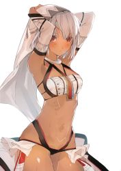 Rule 34 | 1girl, altera (fate), armpits, blunt bangs, breasts, choker, closed mouth, collarbone, dark-skinned female, dark skin, detached sleeves, fate/grand order, fate (series), full-body tattoo, hair between eyes, hands on own head, headdress, highres, hip focus, jewelry, midriff, navel, pisuta (yamashiro), red eyes, revealing clothes, short hair, small breasts, smile, solo, stomach, tan, tattoo, veil, white hair