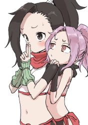 Rule 34 | 2girls, absurdres, arm warmers, black eyes, black hair, blush, copyright request, embarrassed, fingernails, forehead, highres, kunoichi tsubaki no mune no uchi, midriff, multiple girls, navel, ninja, own hands clasped, own hands together, pink hair, ponytail, red eyes, ringed eyes, sazanka (kunoichi tsubaki no mune no uchi), short sleeves, simple background, sports bra, sweatdrop, tsubaki (kunoichi tsubaki no mune no uchi), white background, yamamoto souichirou