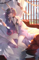 Rule 34 | 1girl, :d, anklet, apple, bare shoulders, barefoot, bob cut, breasts, fate/grand order, fate (series), fingerless gloves, food, fruit, gloves, hair ornament, highres, horns, indoors, jewelry, looking at viewer, looking to the side, open mouth, petals, purple eyes, purple hair, short hair, shuten douji (fate), shuten douji (first ascension) (fate), small breasts, smile, solo, tebd menkin, wind