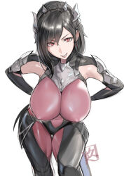 1girl absurdres armor black_bodysuit black_hair bodysuit breasts commentary commission covered_navel final_fantasy final_fantasy_vii final_fantasy_vii_ever_crisis hair_between_eyes hair_ornament highres juaag_acgy large_breasts leaning_forward long_hair looking_at_viewer official_alternate_costume parted_lips purple_bodysuit red_eyes shoulder_armor smile solo thigh_gap tifa_lockhart tifa_lockhart_(bahamut_suit) two-tone_bodysuit white_background