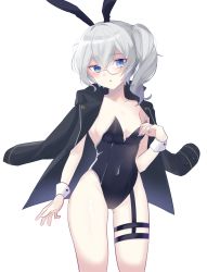 Rule 34 | 1girl, absurdres, animal ears, artist request, bare arms, bare legs, black jacket, black leotard, blue eyes, commission, covered navel, cowboy shot, fake animal ears, grey hair, highleg, highleg leotard, highres, jacket, jacket on shoulders, leotard, long hair, long sleeves, looking at viewer, monocle, original, parted lips, playboy bunny, rabbit ears, second-party source, side ponytail, simple background, solo, standing, strapless, strapless leotard, thigh strap, thighs, white background, wrist cuffs