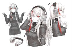 Rule 34 | 1girl, absurdres, alma01, black hoodie, blonde hair, braid, braided ponytail, blowing bubbles, character name, chewing gum, clenched hands, commentary request, eighth note, fang, girls&#039; frontline, hand up, head tilt, headphones, highres, holding, holding headphones, hood, hood down, hoodie, long hair, looking at viewer, m4 sopmod ii (girls&#039; frontline), monochrome, multicolored hair, multiple views, musical note, playing with own hair, red eyes, red hair, spoken musical note, spot color, streaked hair