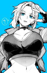 Rule 34 | 1girl, ?, absurdres, blue background, blue eyes, breasts, cammy white, choker, cleavage, commentary request, facial scar, fingerless gloves, gloves, greyscale, greyscale with colored background, highres, large breasts, looking at viewer, monochrome, navel, scar, scar on cheek, scar on face, short hair, simple background, spoken question mark, stomach, street fighter, street fighter 6, teeth, upper teeth only, yotsumi shiro