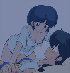 Rule 34 | 1boy, 1girl, bare shoulders, black hair, braid, camisole, cleavage, collarbone, cyocomi3, from below, looking at another, lying, off shoulder, official style, on back, on bed, ranma 1/2, saotome ranma, single braid, smile, tendou akane