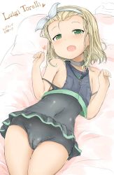 Rule 34 | 1girl, blonde hair, blush, breasts, character name, commentary request, earrings, fang, green eyes, highres, jewelry, kantai collection, looking at viewer, luigi torelli (kancolle), lying, medium hair, nipples, okiraku nikku, on back, open mouth, small breasts, solo, swimsuit