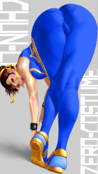 Rule 34 | 1girl, alternate costume, ass, asymmetrical hair, bare shoulders, bent over, blue bodysuit, blue footwear, bodysuit, bracelet, breasts, brown eyes, brown hair, capcom, character name, china dress, chinese clothes, chun-li, commentary request, crop top, crop top overhang, double bun, dress, eyelashes, flexible, from behind, full body, hair bun, hair ribbon, highres, huge ass, jewelry, kneepits, large breasts, lips, looking at viewer, looking back, nose, pantylines, parted lips, pink lips, ribbon, shinobu (tyno), shoes, short hair, skin tight, sleeveless, sneakers, solo, street fighter, street fighter zero (series), studded bracelet, sweatband, teeth, thighs, tight clothes, two-tone footwear, unitard, upper teeth only, wristband, yellow footwear, yellow ribbon