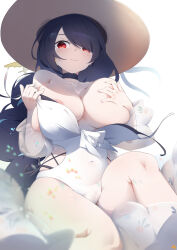 Rule 34 | 1girl, areola slip, bare legs, bare shoulders, black hair, blue archive, breasts, brown hat, commentary, covered navel, hat, highres, hinata (blue archive), hinata (swimsuit) (blue archive), keyfanjun, large breasts, long braid, long hair, looking at viewer, one-piece swimsuit, red eyes, simple background, solo, straw hat, swimsuit, white background, white one-piece swimsuit