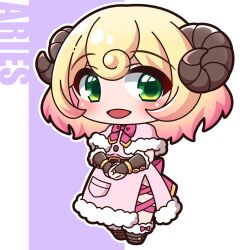 Rule 34 | 1girl, :d, absurdres, aries (zodiac), blonde hair, boots, bow, bridal gauntlets, brown footwear, capelet, chibi, commentary request, dress, full body, fur-trimmed boots, fur-trimmed capelet, fur-trimmed dress, fur trim, gradient hair, green eyes, hair between eyes, highres, horns, long hair, looking at viewer, multicolored hair, open mouth, original, outline, pink bow, pink capelet, pink dress, pink hair, purple background, saishosaisekojo, sheep horns, smile, solo, standing, two-tone background, white background, white outline, zodiac