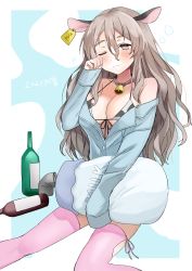 Rule 34 | 1girl, 2021, absurdres, alternate costume, animal ears, animal print, bell, bikini, bikini under clothes, blue shirt, blush, bottle, breasts, chinese zodiac, cleavage, closed mouth, cow ears, cow print, ear tag, grey hair, hair between eyes, highres, holding, holding pillow, kantai collection, large breasts, long hair, long sleeves, new year, off shoulder, one eye closed, pillow, pink thighhighs, pola (kancolle), rubbing eyes, shirt, signature, simple background, sitting, solo, swimsuit, thighhighs, toriniku senshi chikinman, wavy hair, wine bottle, year of the ox