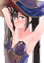 Rule 34 | 1girl, absurdres, armpits, arms up, asymmetrical bangs, bare shoulders, black hair, blush, breasts, center opening, cleavage, closed mouth, genshin impact, green eyes, hand in own hair, hat, highres, leotard, long hair, looking at viewer, medium breasts, mona (genshin impact), nekoma0116, nose blush, purple hat, purple leotard, sidelocks, simple background, solo, strapless, strapless leotard, twintails, upper body, wet, white background, witch hat