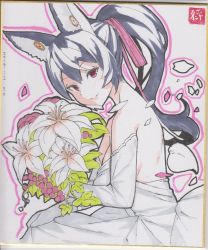 Rule 34 | &gt;:), 1girl, animal ear fluff, animal ears, bare shoulders, black hair, bouquet, closed mouth, dated, dress, elbow gloves, flower, fox ears, gloves, hair ribbon, highres, holding, holding bouquet, long hair, original, outline, petals, photo (medium), pink outline, pink ribbon, ponytail, red eyes, ribbon, smile, solo, strapless, strapless dress, traditional media, v-shaped eyebrows, very long hair, white dress, white flower, white gloves, yuuji (yukimimi)