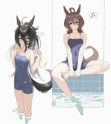 Rule 34 | ..., 2girls, agnes tachyon (umamusume), ahoge, animal ears, barefoot, black hair, blue one-piece swimsuit, breasts, brown hair, commentary request, covered navel, ear ornament, hair between eyes, highres, horse, horse ears, horse girl, horse tail, long hair, manhattan cafe (umamusume), multiple girls, multiple views, musical note, one-piece swimsuit, partially submerged, pool, red eyes, sarcophage, school swimsuit, simple background, sitting, small breasts, smile, soaking feet, spoken ellipsis, spoken musical note, swimsuit, tail, towel, umamusume, wading, wet, white background, yellow eyes