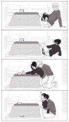 Rule 34 | 1boy, 1girl, 4koma, ass, beer can, bookshelf, bottomless, can, clothes pull, comic, contemporary, couch, cunnilingus, drink can, fellatio, glasses, greyscale, hange zoe, hanpetos, heart, hetero, highres, hug, hug from behind, kotatsu, moblit berner, monochrome, motion lines, oral, pants, pants pull, ponytail, reverse upright straddle, sex, sex from behind, shingeki no kyojin, silent comic, socks, spoken heart, sweater, table, uncensored, under kotatsu, under table