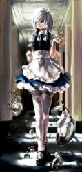 Rule 34 | 1girl, absurdres, arms behind back, blue eyes, braid, cake, cup, falling, faux traditional media, female focus, food, fork, hallway, highres, izayoi sakuya, jq, lace, lace-trimmed legwear, lace trim, looking away, maid, pastry, pocket watch, silver hair, solo, spill, sunlight, tea, tea set, thighhighs, touhou, tray, twin braids, walking, watch, white thighhighs, zettai ryouiki