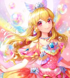 Rule 34 | 1girl, aikatsu! (series), aikatsu on parade!, bare shoulders, blonde hair, bubble, closed mouth, collarbone, commentary request, dress, earrings, glint, hair between eyes, hair ornament, hoshimiya ichigo, jewelry, long hair, looking at viewer, matsurika youko, pink dress, red eyes, smile, solo, upper body, very long hair