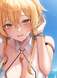 Rule 34 | 1girl, 723/nanahumi, armband, bare shoulders, blonde hair, blue sky, blush, breasts, collar, genshin impact, hair between eyes, large breasts, leaning forward, looking at viewer, lumine (genshin impact), short hair, short hair with long locks, sidelocks, sky, smile, solo, unfinished, water drop, wet face, white collar, wristband, yellow eyes