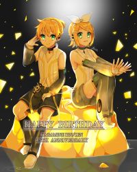 Rule 34 | 1boy, 1girl, absurdres, anniversary, blonde hair, blouse, brother and sister, detached sleeves, hair ribbon, hands on own head, happy birthday, highres, kagamine len, kagamine rin, looking at viewer, navel, nomi (nomi mi), ribbon, shirt, short hair, shorts, siblings, sitting, sleeveless, sleeveless shirt, twins, vocaloid, white shirt