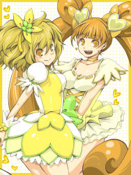 Rule 34 | 2girls, back, blonde hair, bow, breasts, brown eyes, brown hair, choker, color connection, cosplay, costume switch, crossover, cure pine, cure pine (cosplay), cure rosetta, cure rosetta (cosplay), dokidoki! precure, double bun, dress, earrings, flower, fresh precure!, hair flower, hair ornament, heart, heart hair ornament, jewelry, kasetsu, long hair, looking back, magical girl, multiple girls, precure, ribbon, rose, short hair, skirt, smile, twintails, waist bow, wrist cuffs, yamabuki inori, yotsuba alice