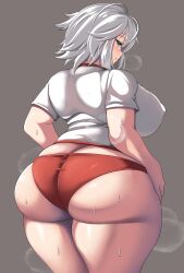 Rule 34 | 1girl, ass, blue eyes, blush, breasts, buruma, butt crack, covered erect nipples, from behind, gym uniform, huge ass, huge breasts, kukuru, messy hair, original, plump, short hair, solo, standing, sweat, thick thighs, thighs, white hair, wide hips