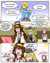Rule 34 | 10s, 4girls, :3, :d, ^ ^, admiral paru, ahoge, baker at bat, blonde hair, blush, brown hair, closed eyes, comic, commentary, computer, crossover, detached sleeves, double bun, ellen baker, english text, closed eyes, female admiral (kancolle), grey eyes, hair ornament, hairband, headgear, iowa (kancolle), kantai collection, kongou (kancolle), laptop, long hair, military, military uniform, multiple girls, naval uniform, new horizon, nontraditional miko, open mouth, pink eyes, pink hair, short hair, side ponytail, smile, star-shaped pupils, star (symbol), swinging, symbol-shaped pupils, uniform, aged down